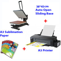 HEAT PRESS MACHINE AUTO OPEN SLIDING BASE 38x45cm + A3 Printer (Sublimation ink included) + A3 Paper