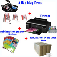 Mug Cup 4 in 1 Heat Press Machine + Printer (Sublimation ink included) + paper + White Mugs